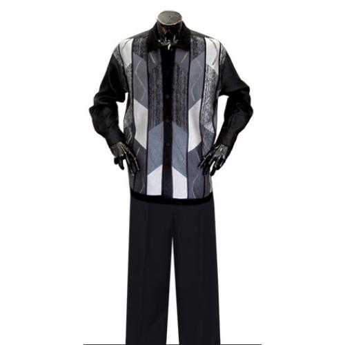 Silversilk Black / Silver Grey / Charcoal Polygonal 2 Pc Silk Blend Outfit # 1492 / 492